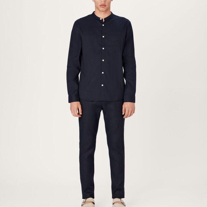 The All Day Shirt Linen Collarless in Navy